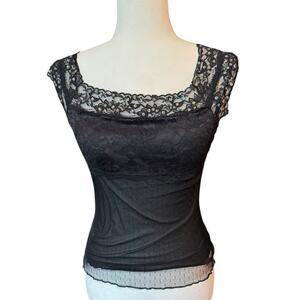 Y2K Whimsy Goth Lace Beaded Top Sheer Black Cap Sleeve Small